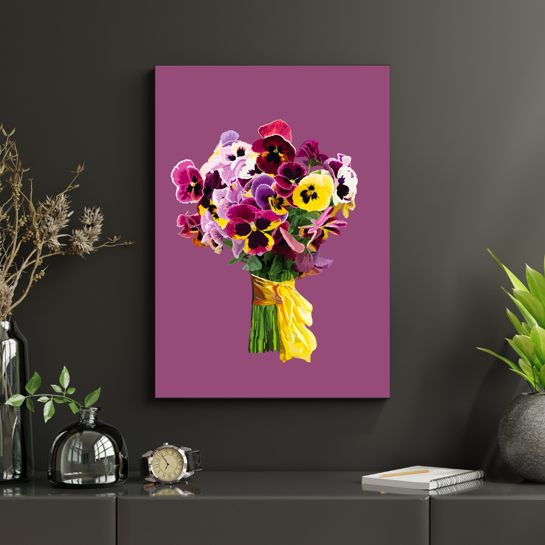 Pansy Pizazz Bouquet Art Print on Mauve and Blue