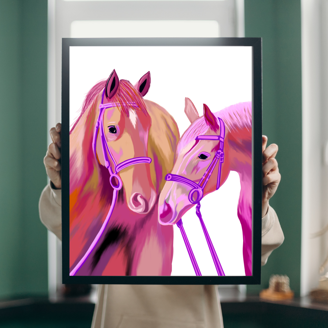Colorful Horses Magenta Art Print