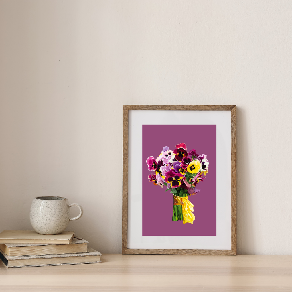 Pansy Pizazz Bouquet Art Print on Mauve and Blue