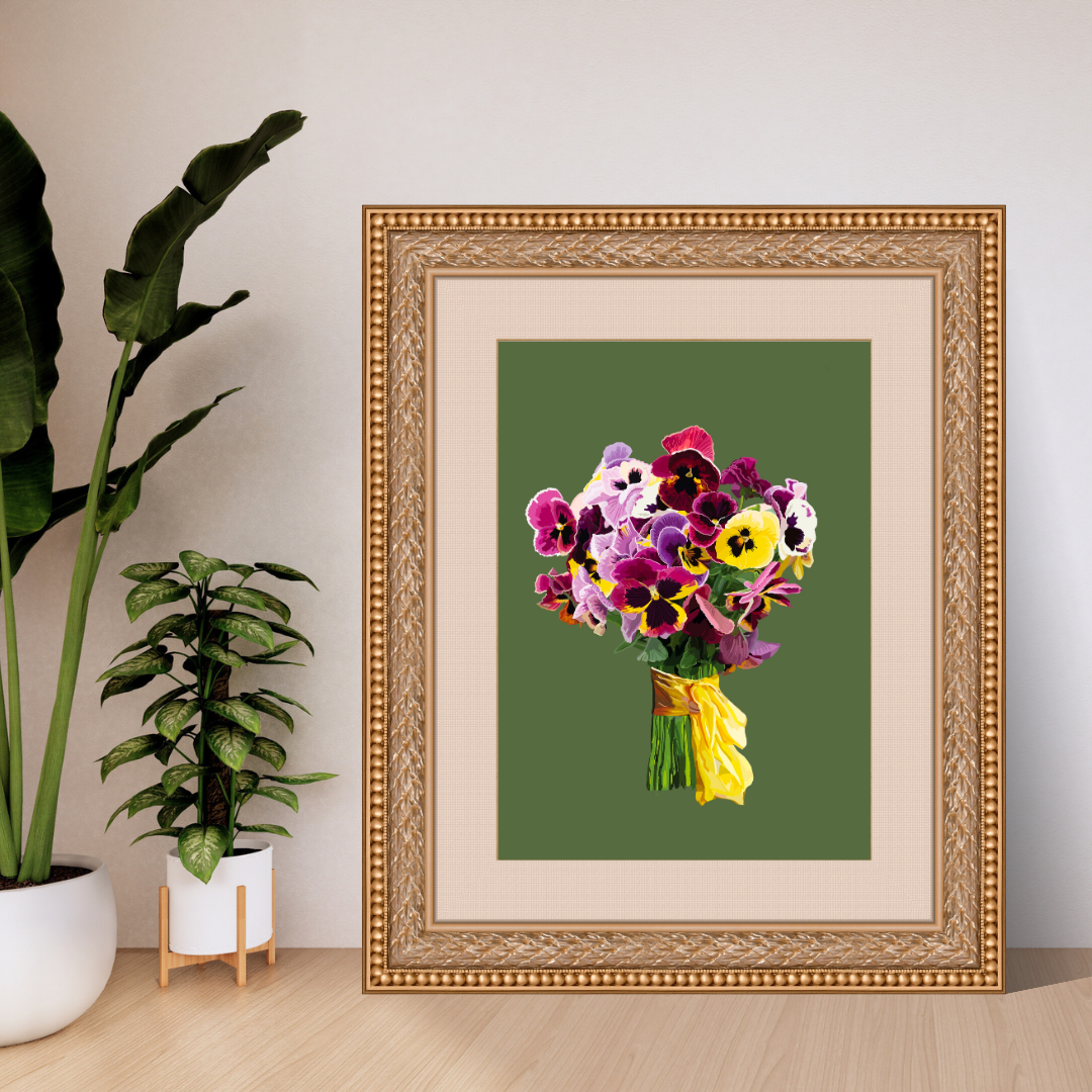 Pansy Pizazz Bouquet Art Print on Sage
