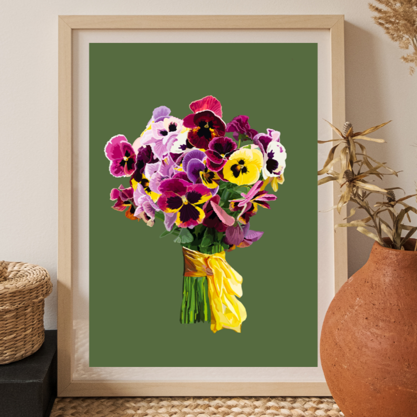 Pansy Pizazz Bouquet Art Print on Sage