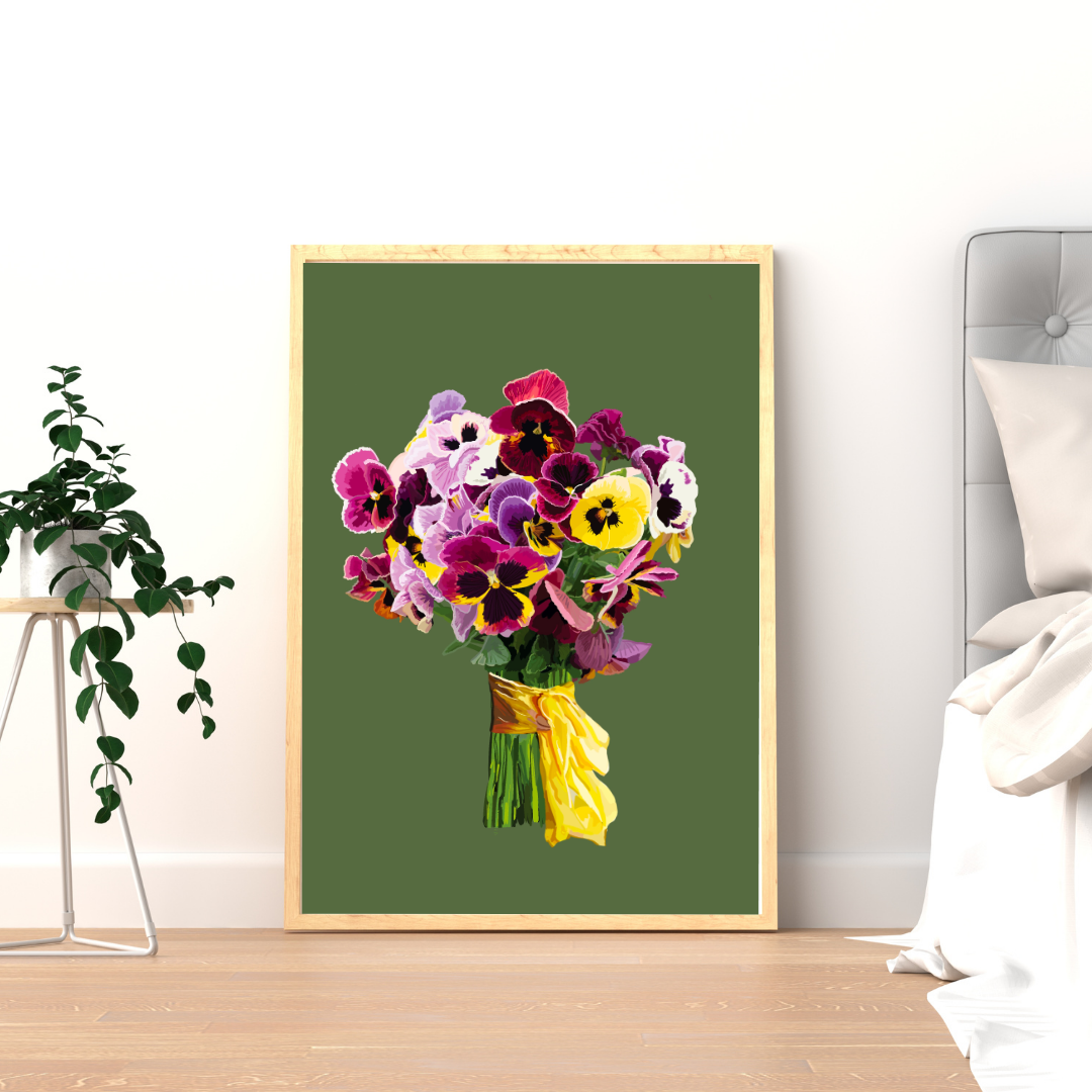 Pansy Pizazz Bouquet Art Print on Sage