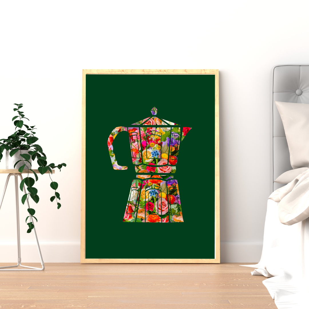 Flora and Roast Coffee Moka Pot Art Print