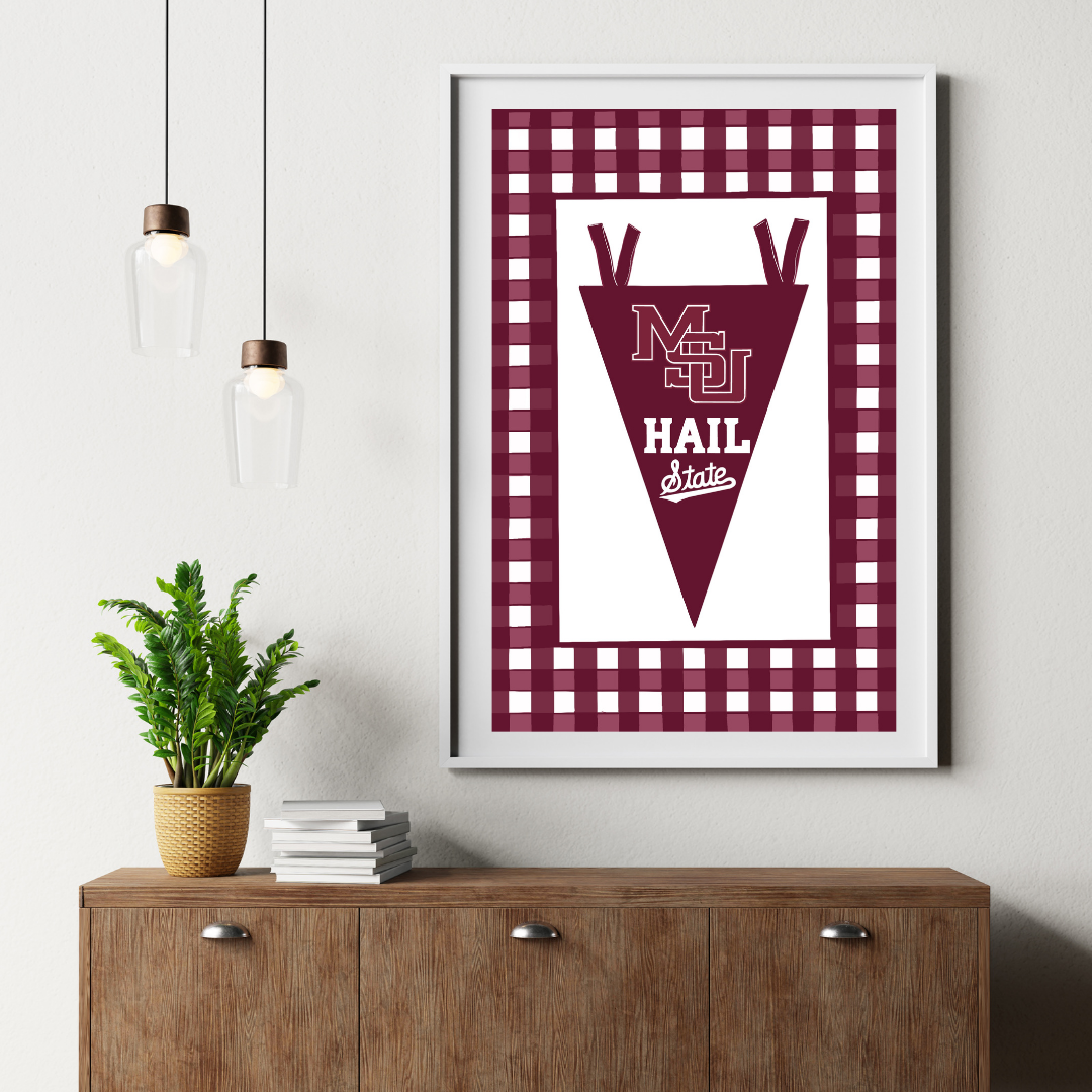 Mississippi State Banner (MSU) Maroon Gingham Art Print