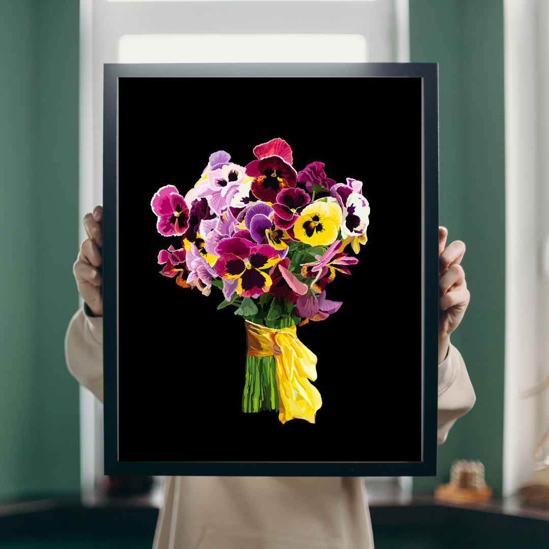 Pansy Pizazz Bouquet Art Print on Black & White