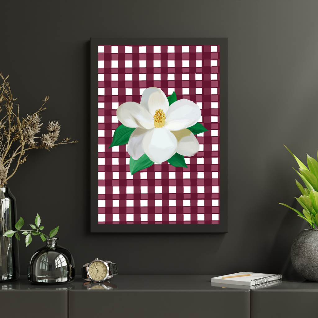 Mississippi Magnolia Art Print on Maroon Gingham