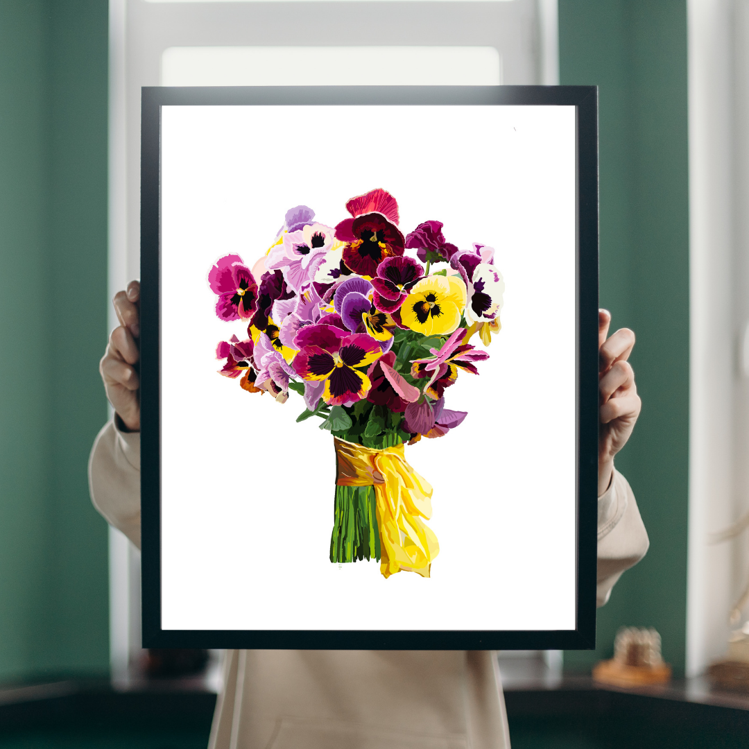 Pansy Pizazz Bouquet Art Print on Black & White