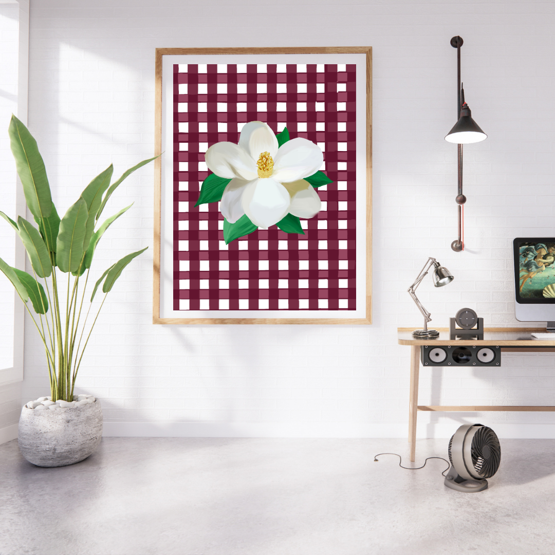 Mississippi Magnolia Art Print on Maroon Gingham