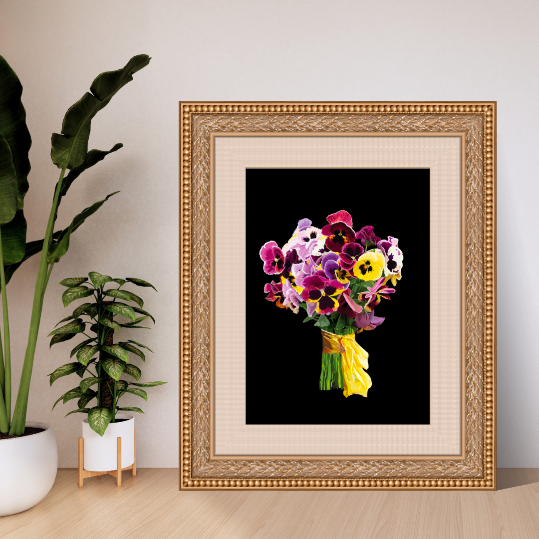 Pansy Pizazz Bouquet Art Print on Black & White
