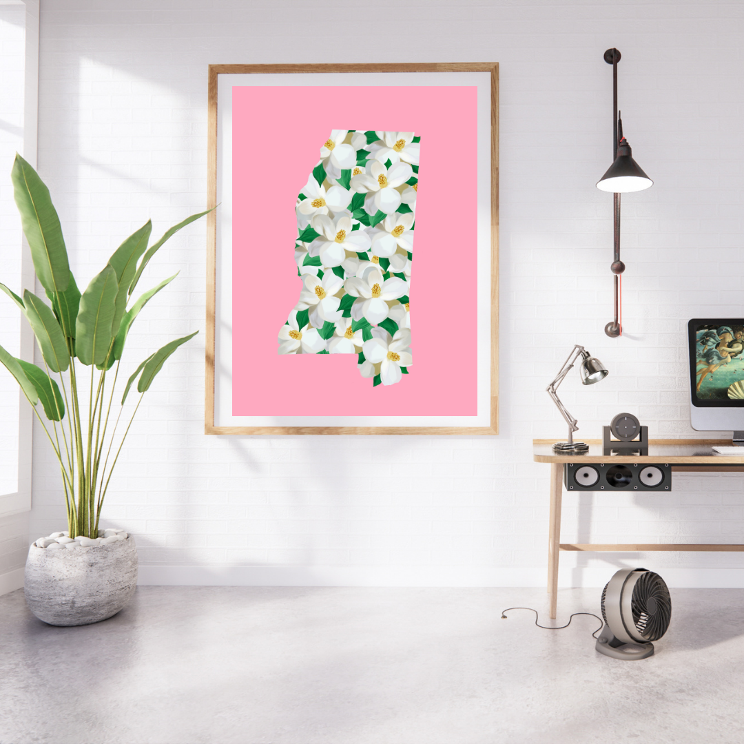 Mississippi Magnolia State Art Print on Pink