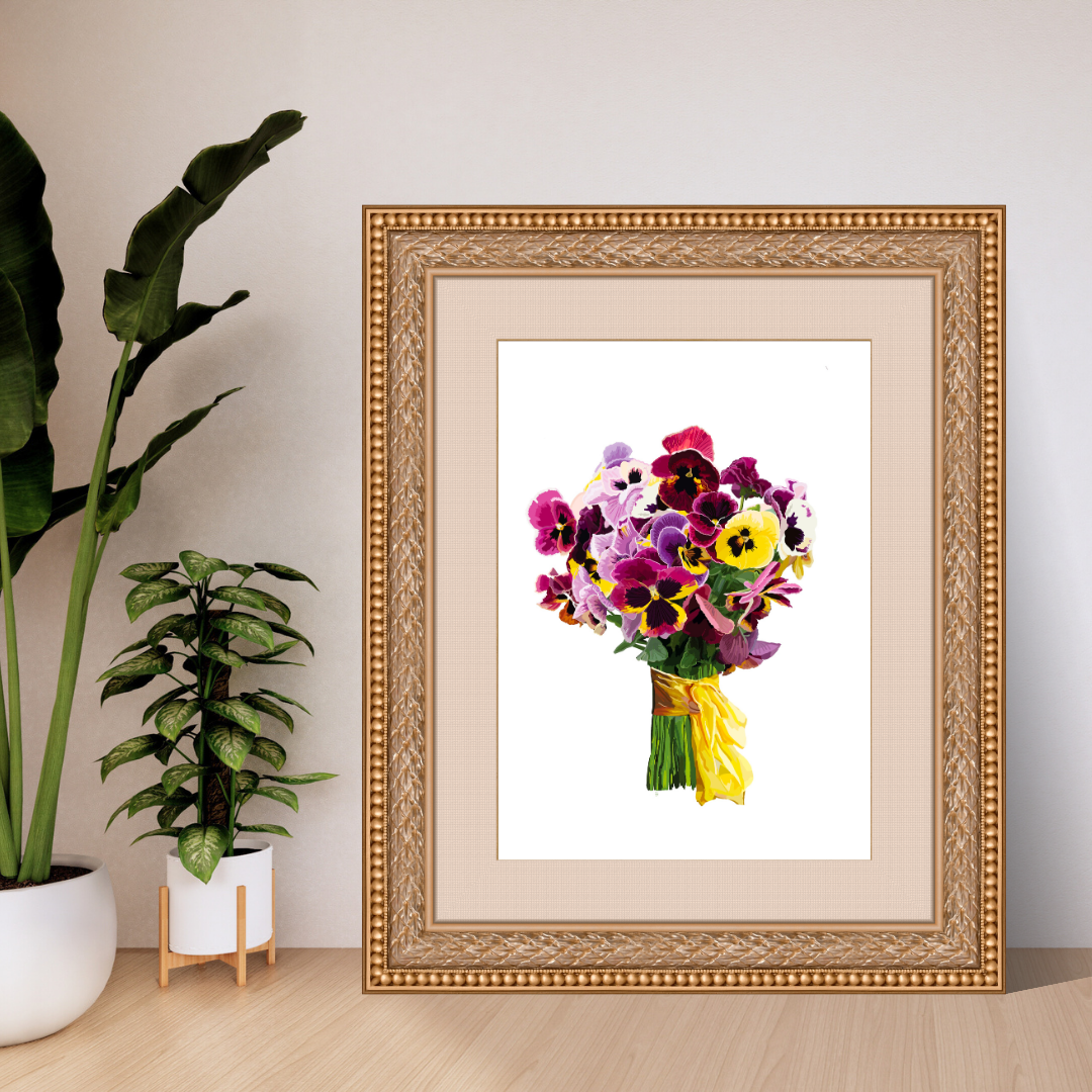 Pansy Pizazz Bouquet Art Print on Black & White