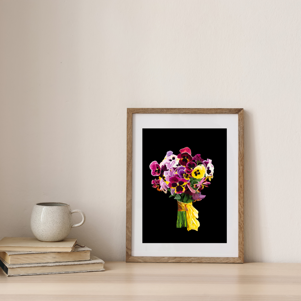 Pansy Pizazz Bouquet Art Print on Black & White