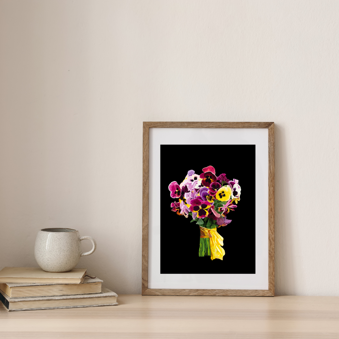 Pansy Pizazz Bouquet Art Print on Black & White