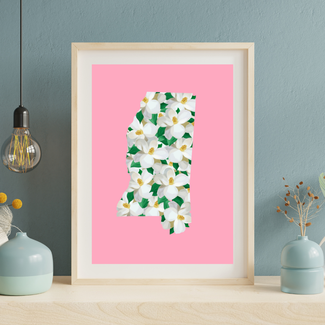 Mississippi Magnolia State Art Print on Pink
