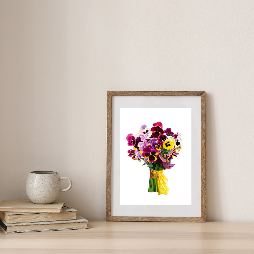 Pansy Pizazz Bouquet Art Print on Black & White