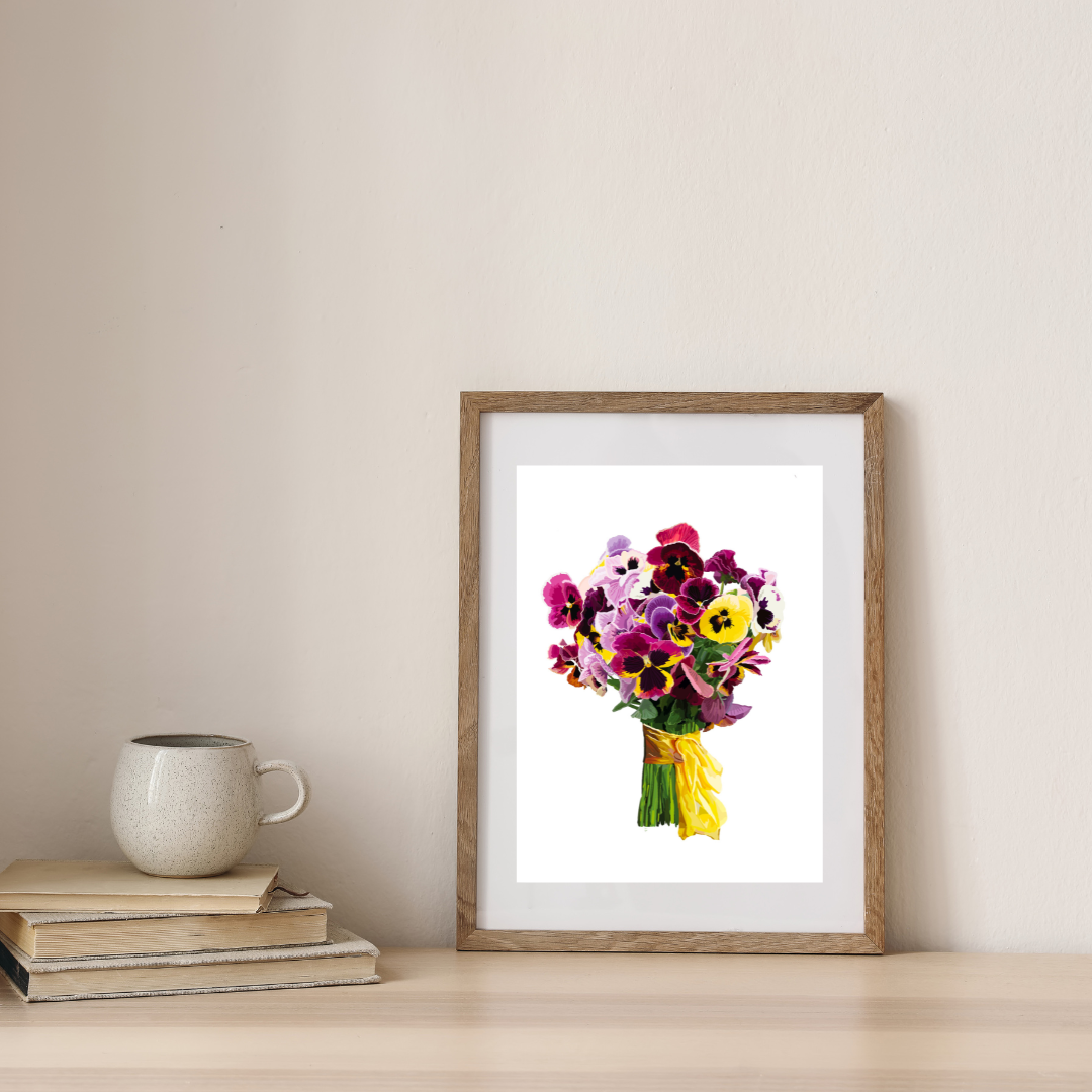 Pansy Pizazz Bouquet Art Print on Black & White