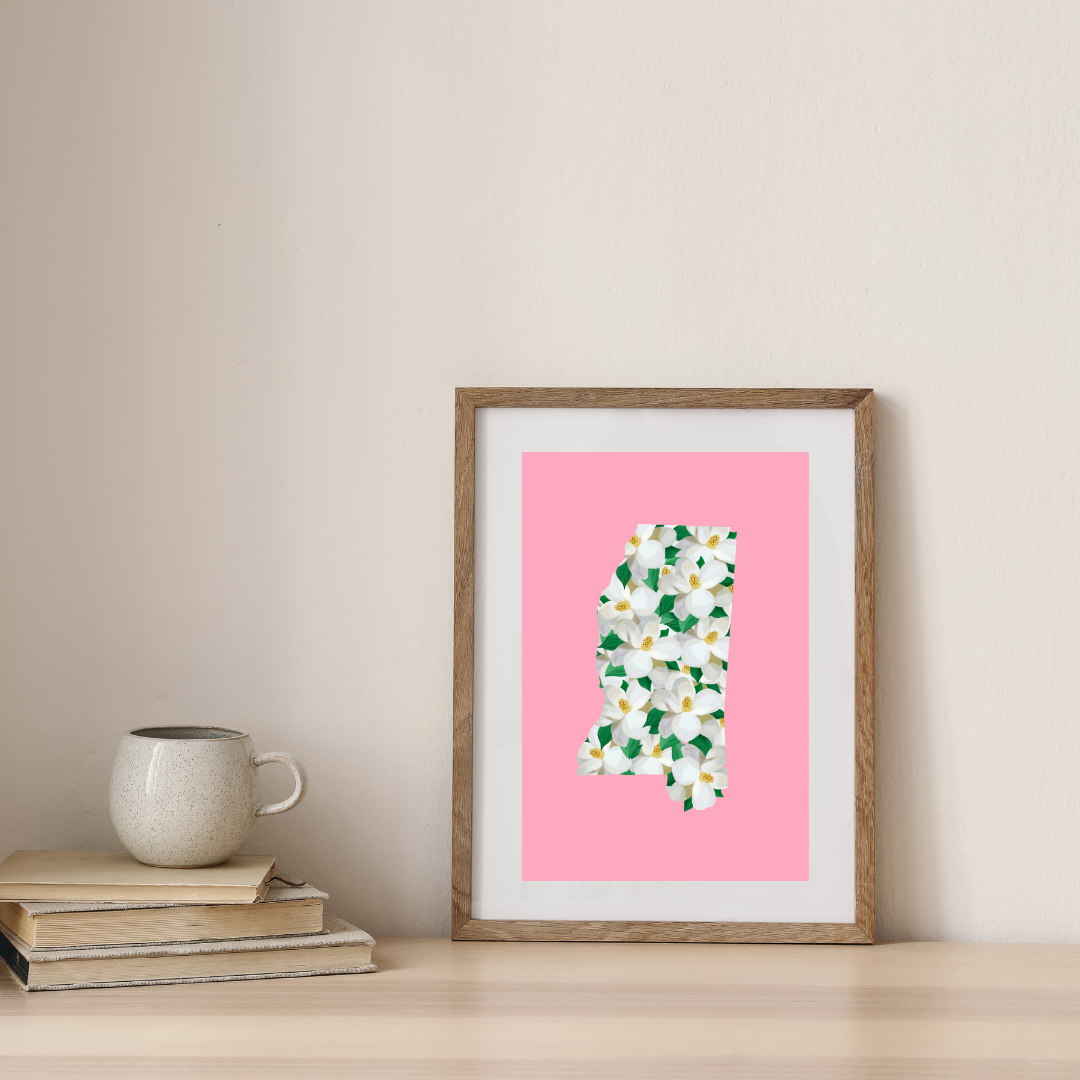 Mississippi Magnolia State Art Print on Pink