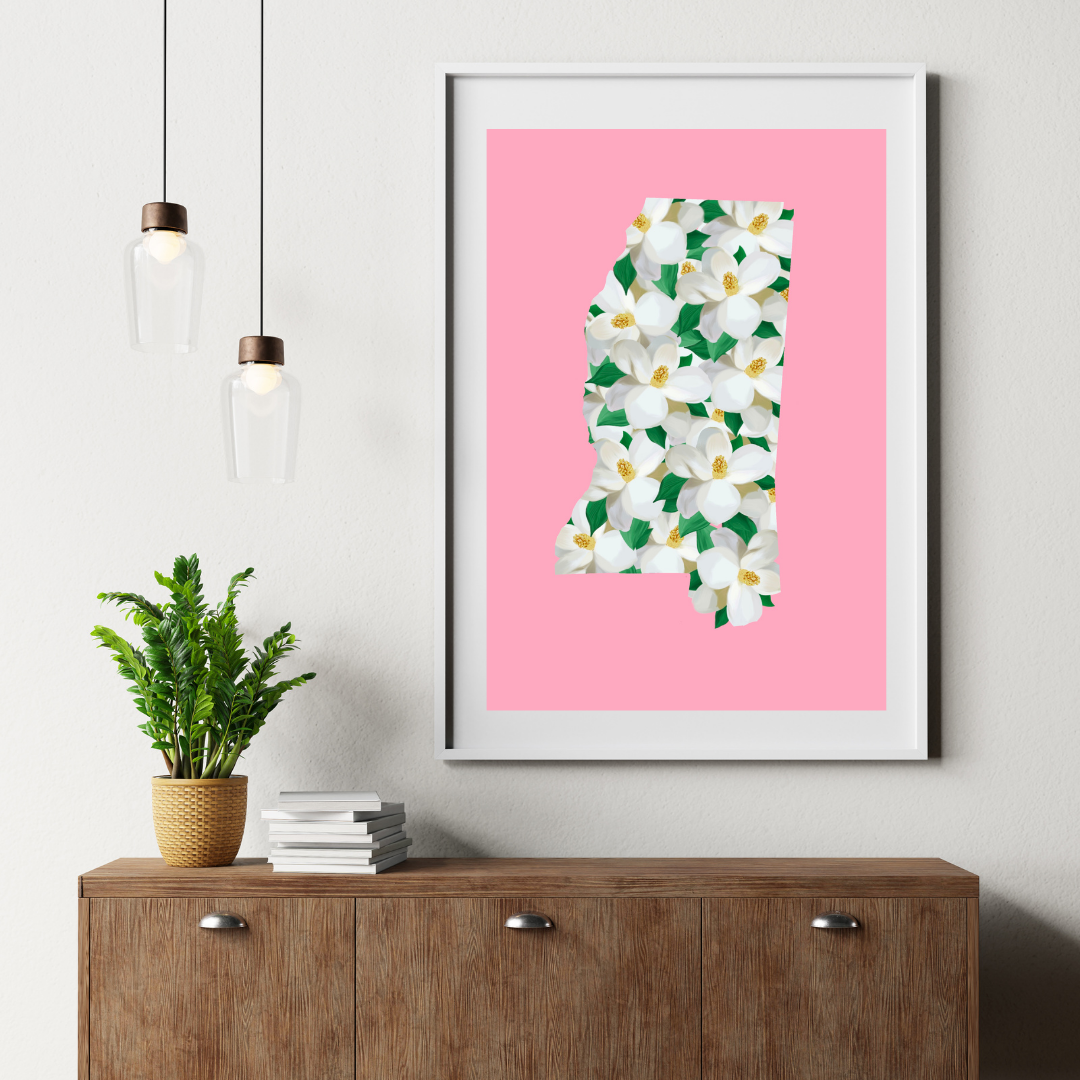 Mississippi Magnolia State Art Print on Pink