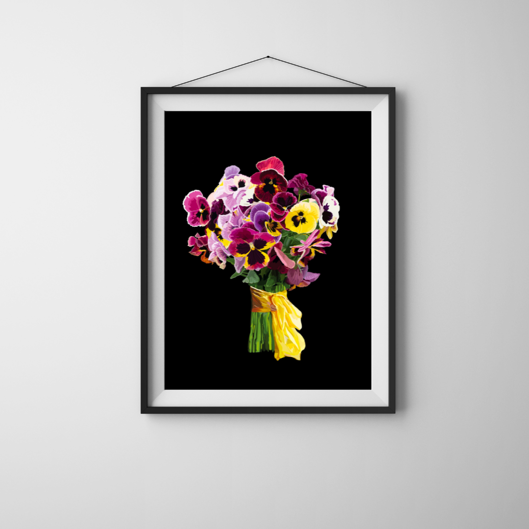Pansy Pizazz Bouquet Art Print on Black & White