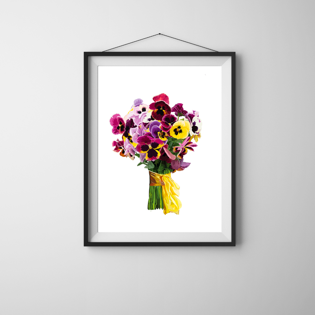 Pansy Pizazz Bouquet Art Print on Black & White