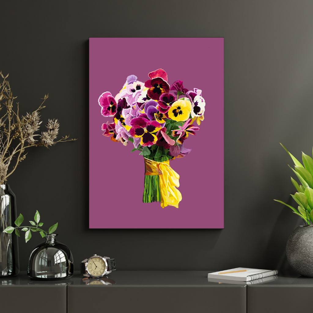 Pansy Pizazz Bouquet Art Print on Mauve and Blue