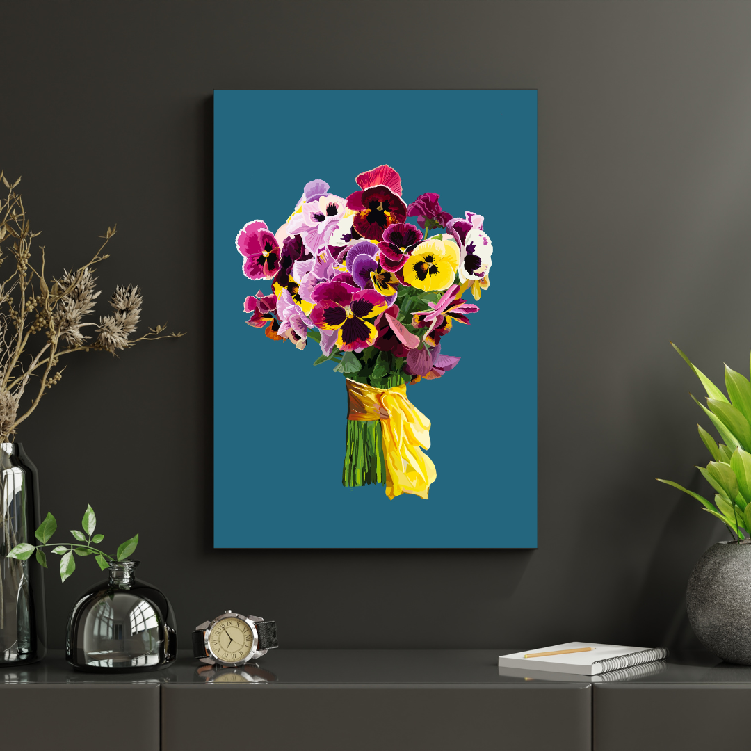 Pansy Pizazz Bouquet Art Print on Mauve and Blue
