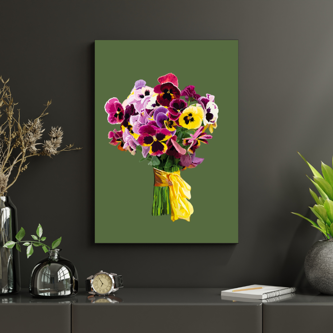 Pansy Pizazz Bouquet Art Print on Sage