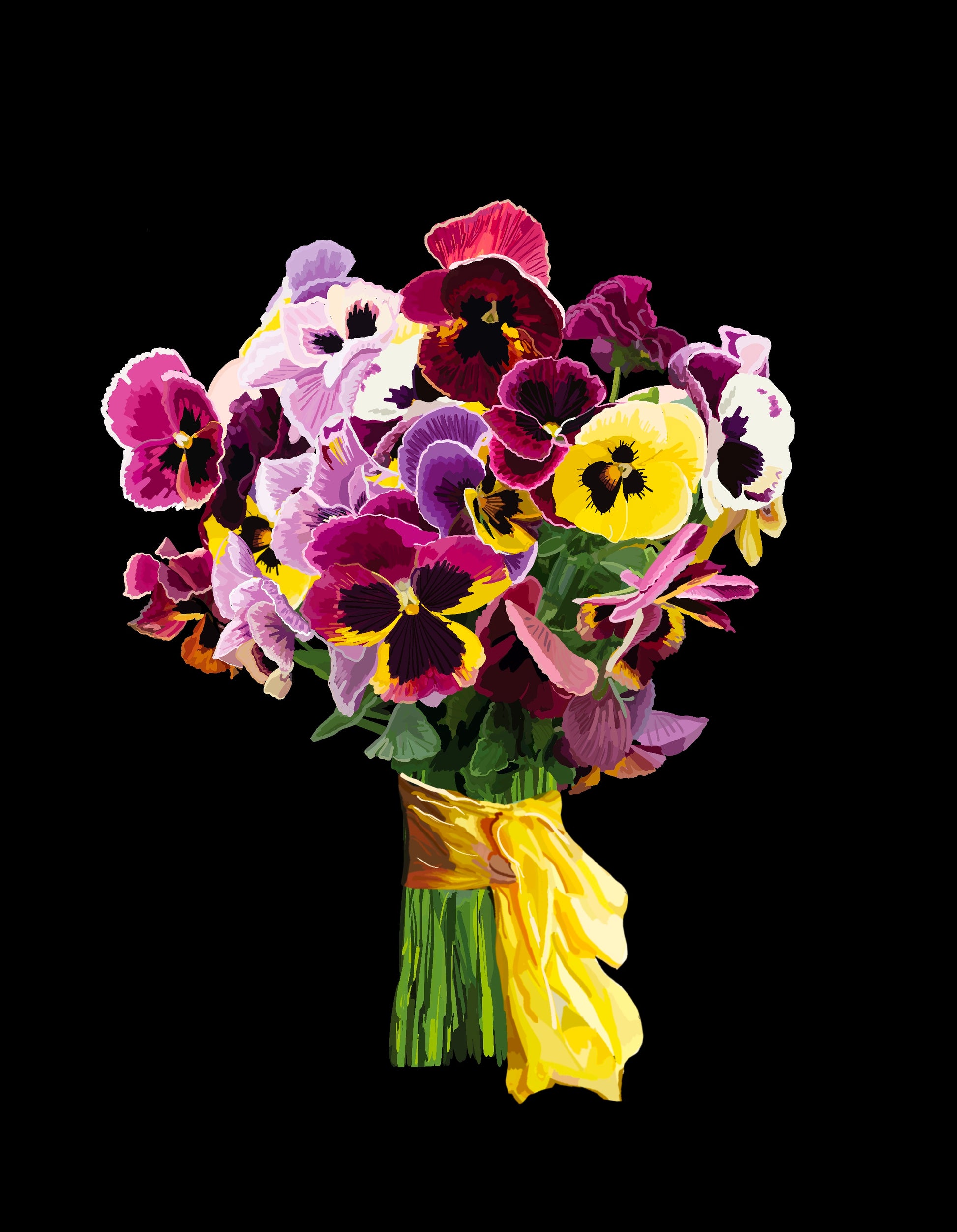Pansy Pizazz Bouquet Art Print on Black & White