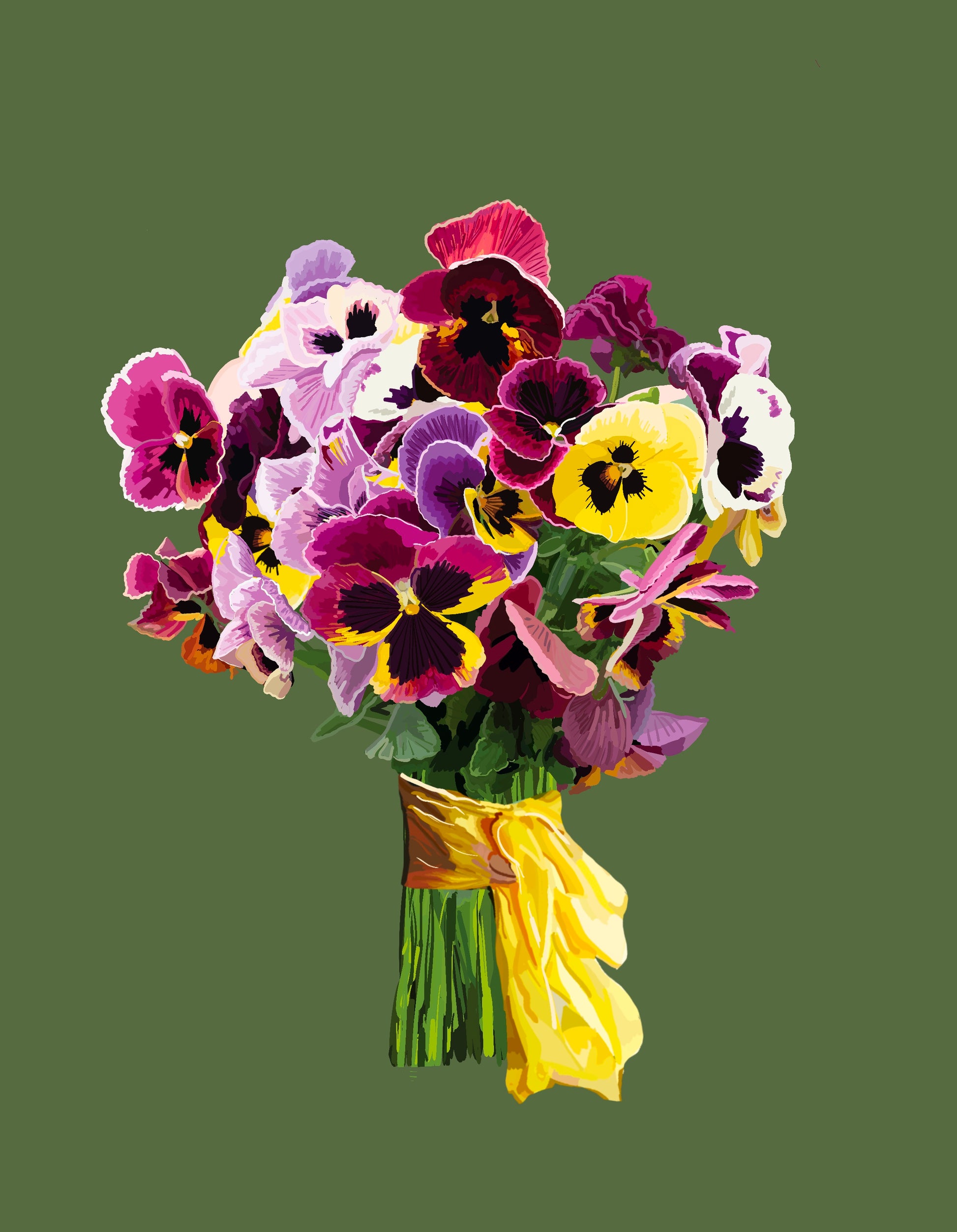 Pansy Pizazz Bouquet Art Print on Sage