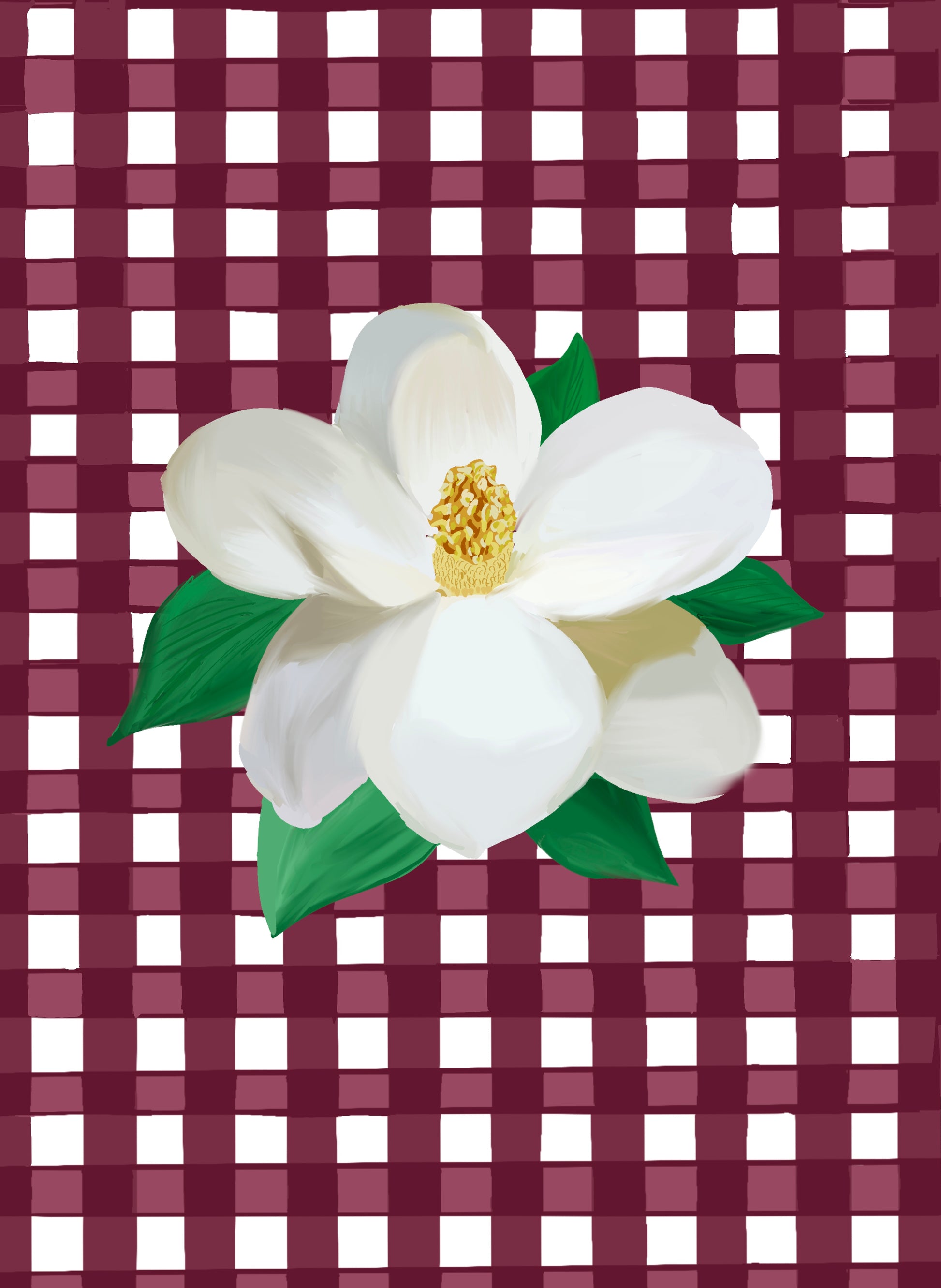 Mississippi Magnolia Art Print on Maroon Gingham