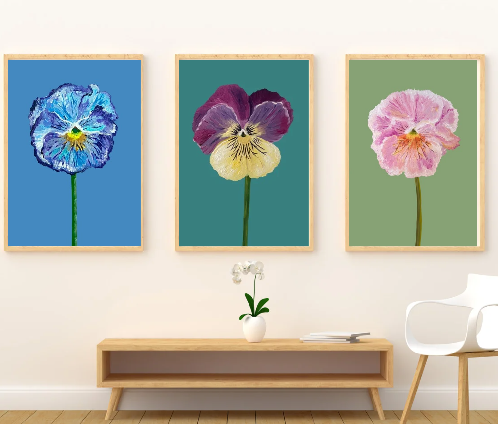 Pansie Art Print- Purple and Yellow Pansie on Teal Background