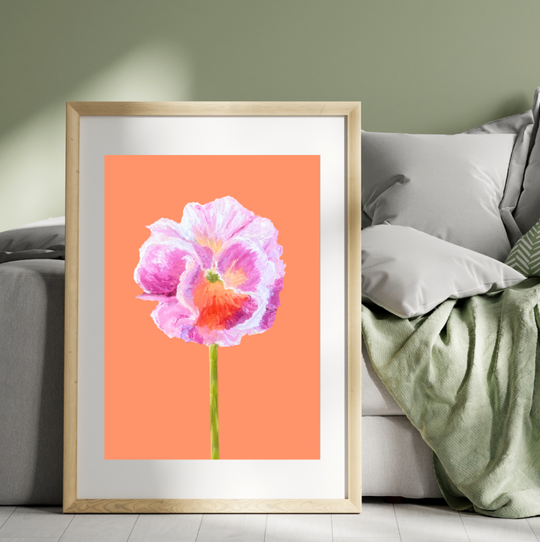 Pansie Art Print- Pink and White Ruffled Pansie on Tangerine Background
