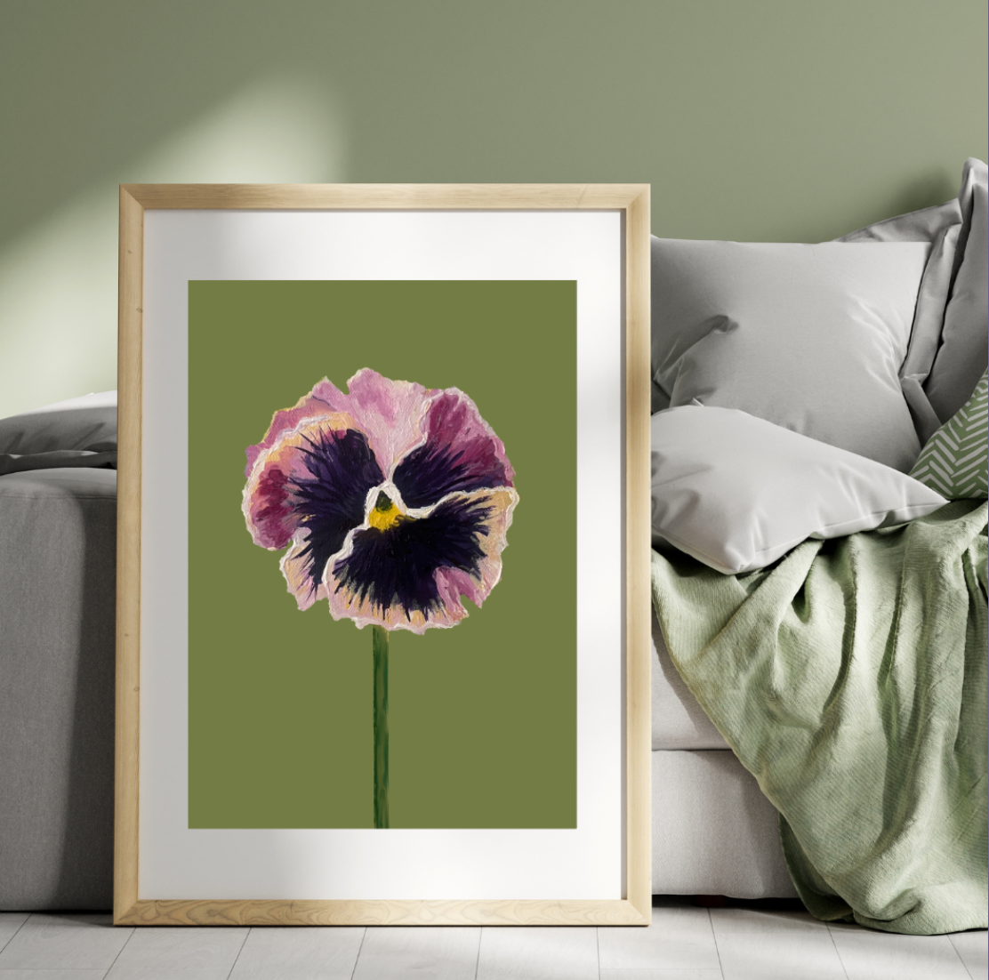 Pansie Art Print- Purple and Pink Ruffled Pansie on Olive Background