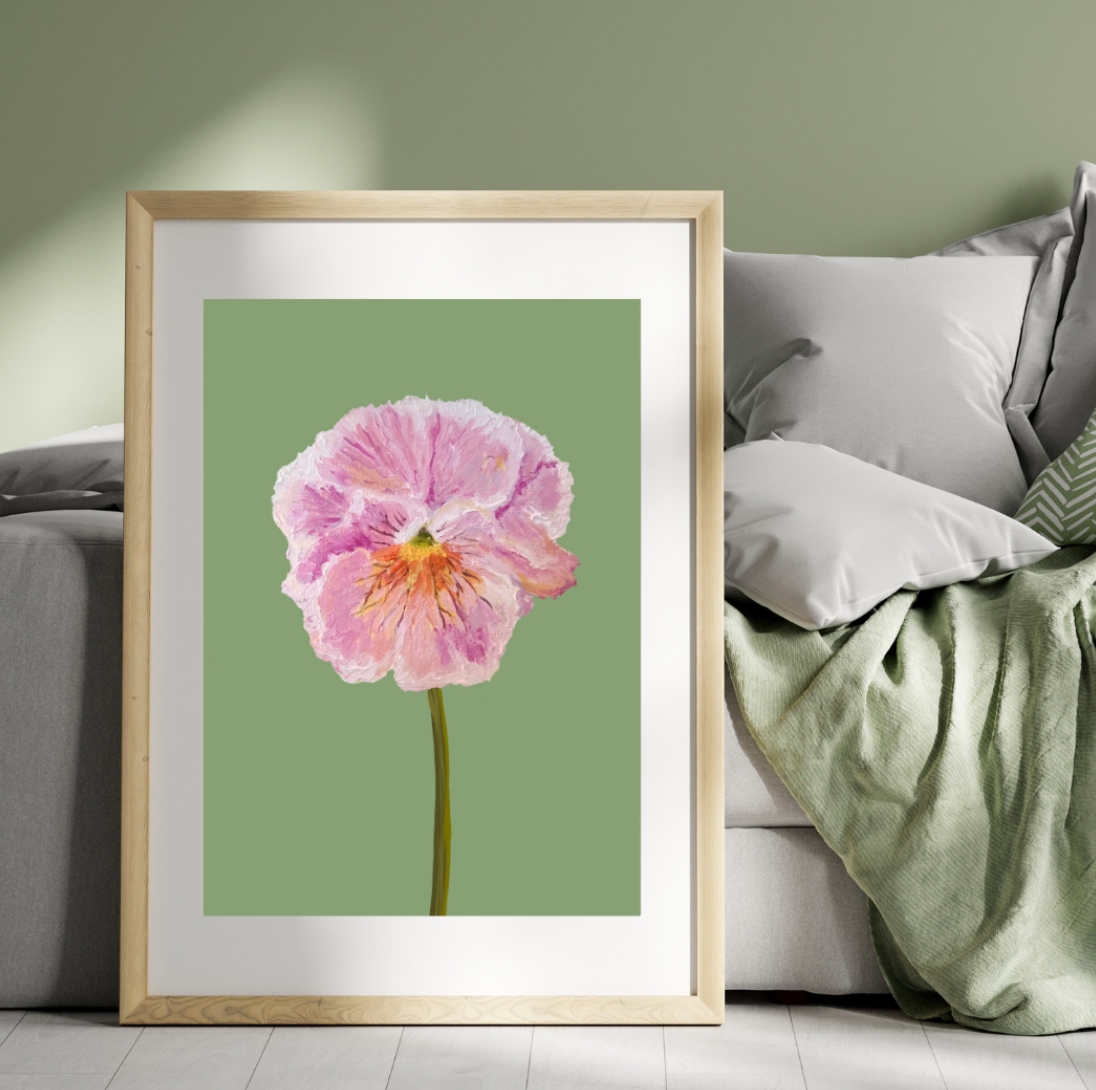 Pansie Art Print- Pink and Blush Ruffled Pansie on Sage Green Background