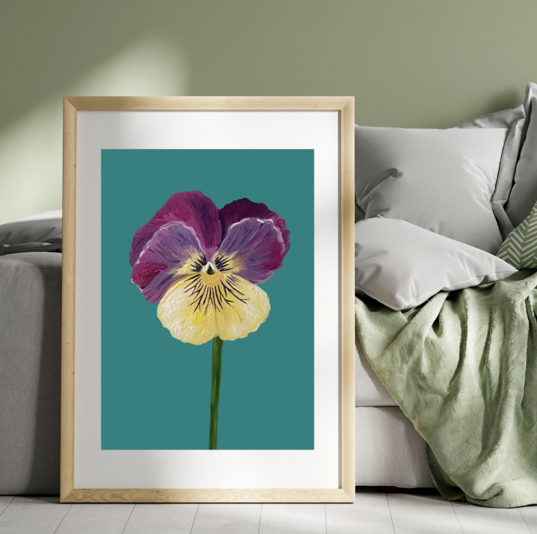 Pansie Art Print- Purple and Yellow Pansie on Teal Background