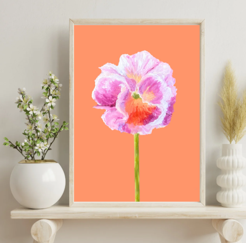 Pansie Art Print- Pink and White Ruffled Pansie on Tangerine Background
