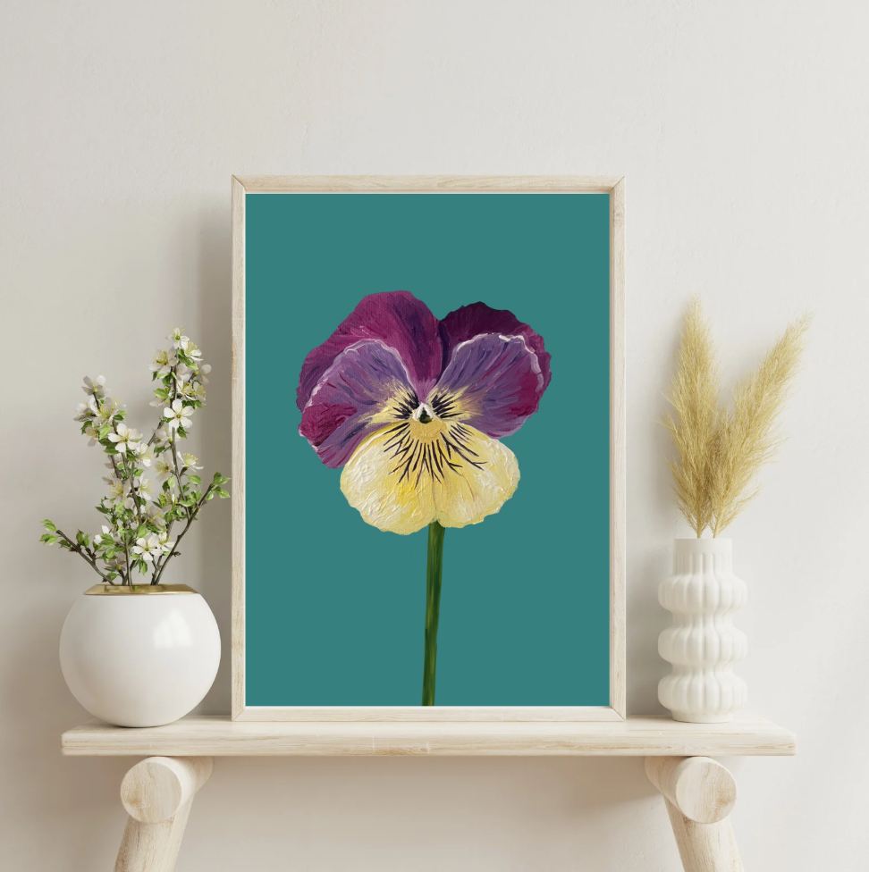 Pansie Art Print- Purple and Yellow Pansie on Teal Background