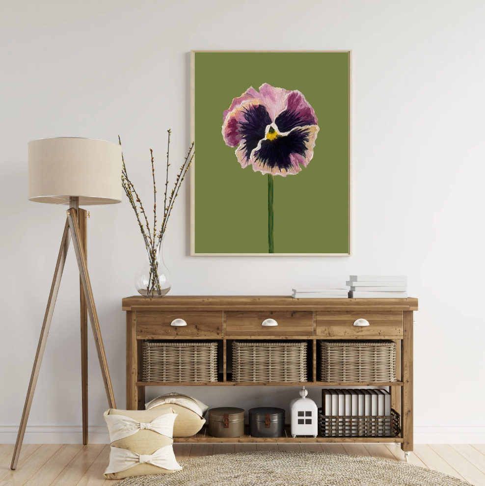 Pansie Art Print- Purple and Pink Ruffled Pansie on Olive Background