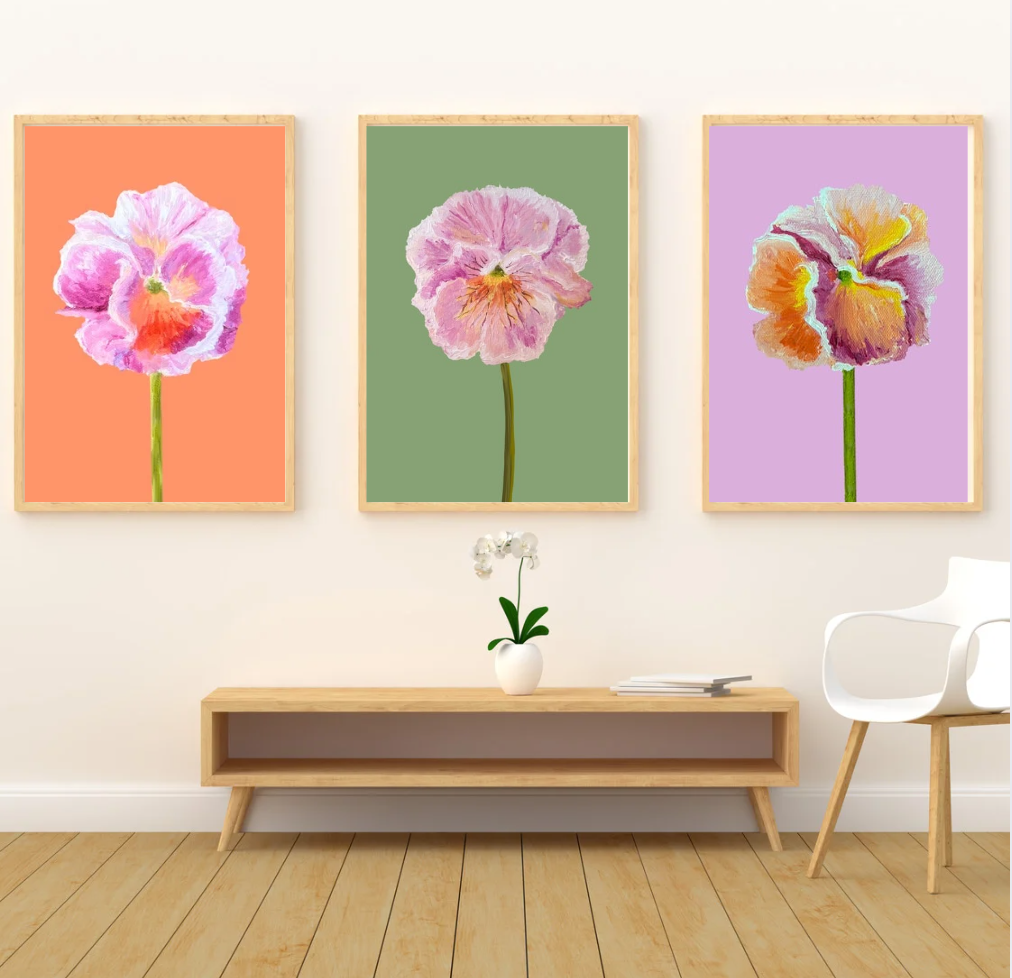 Pansie Art Print- Pink and Blush Ruffled Pansie on Sage Green Background
