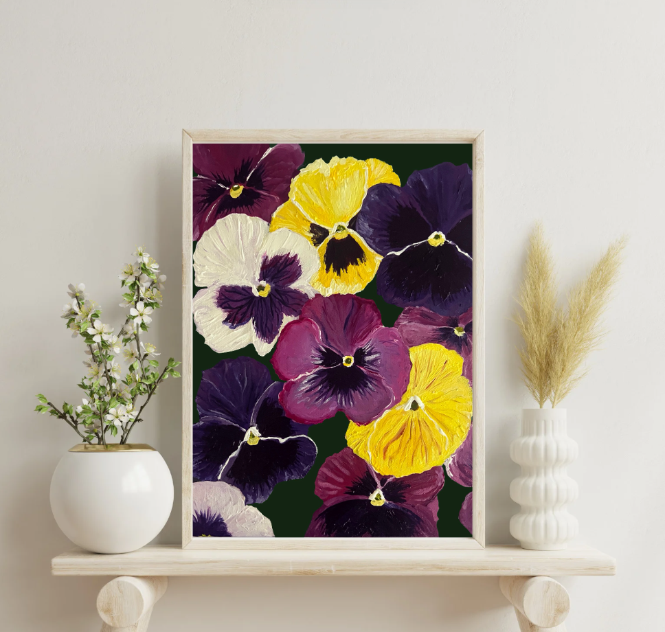 Midnight Pansy Party -Pansy Art Print
