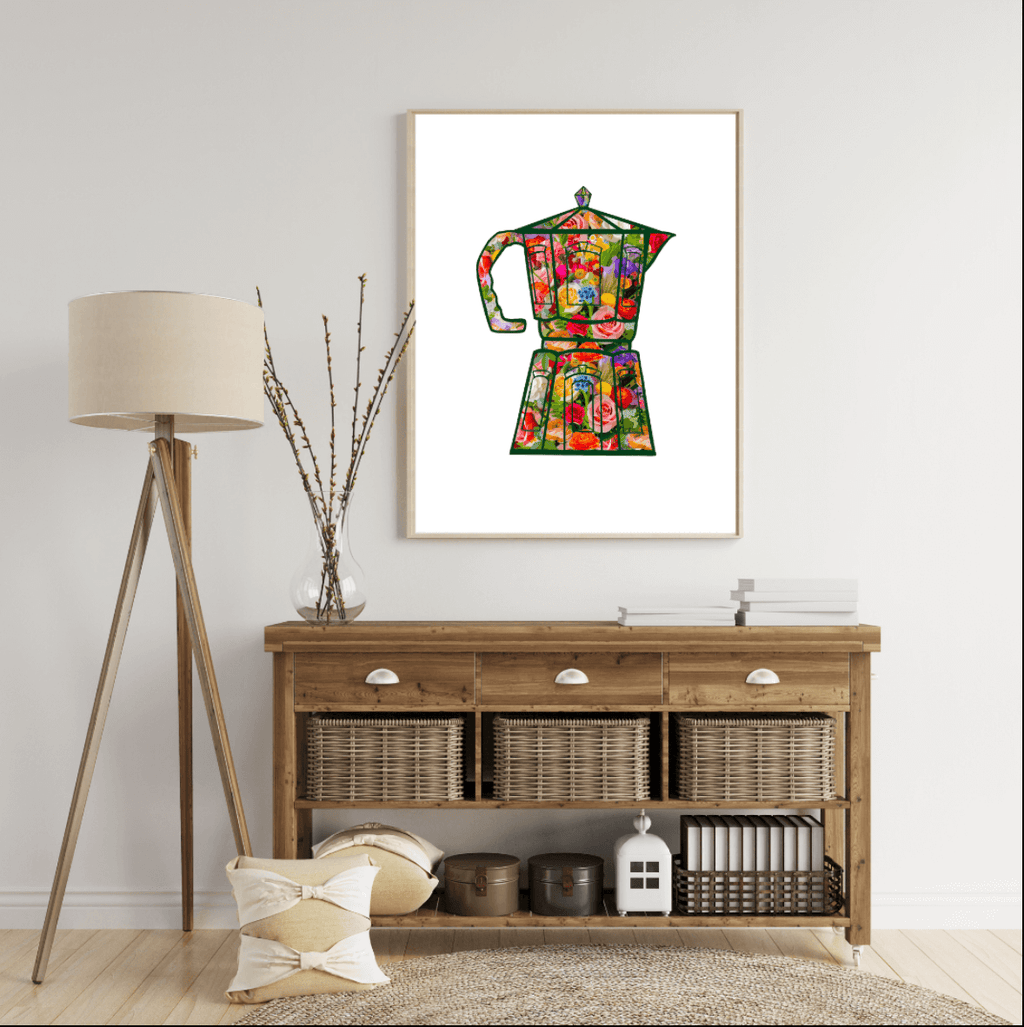 Flora and Roast Coffee Moka Pot Art Print