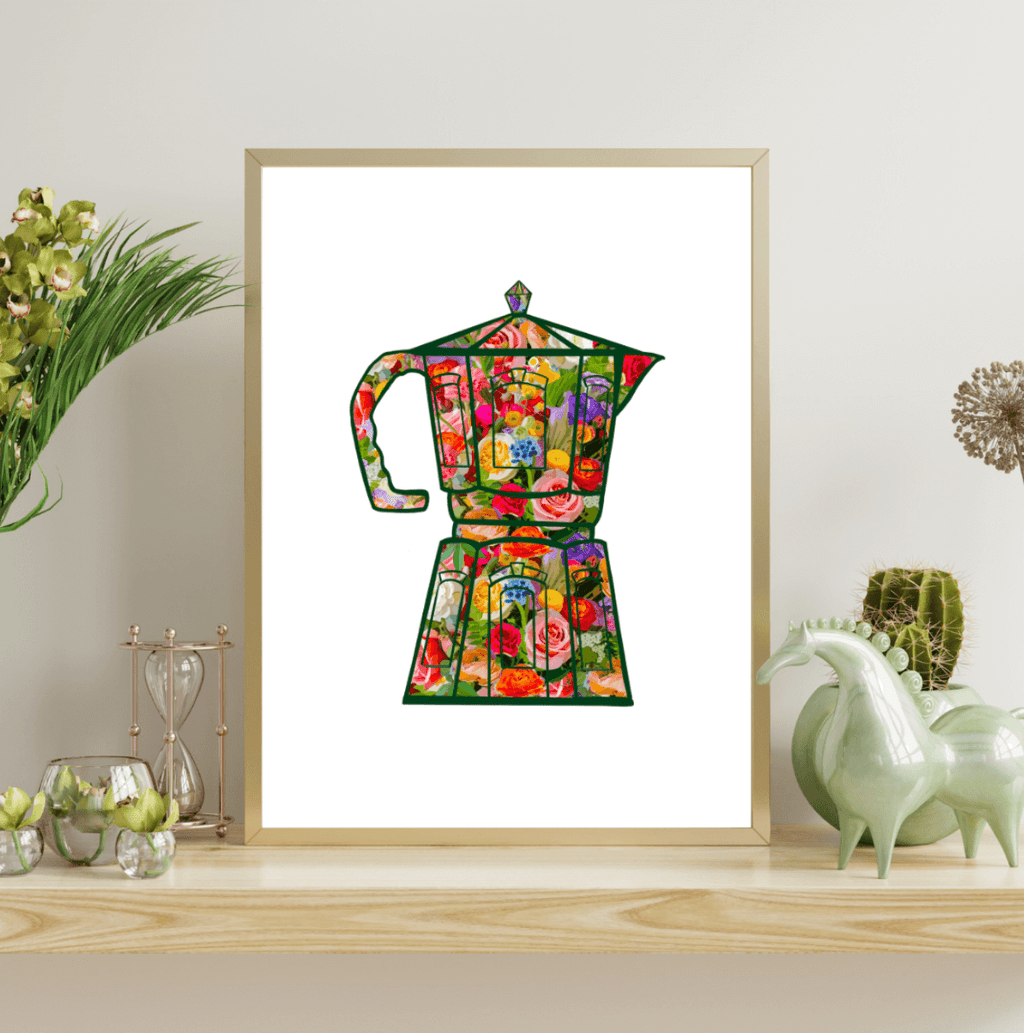Flora and Roast Coffee Moka Pot Art Print