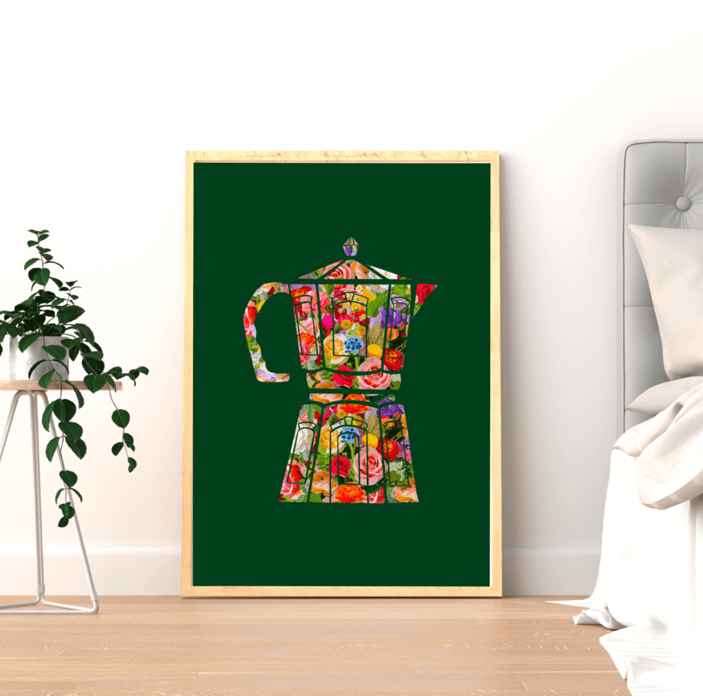 Flora and Roast Coffee Moka Pot Art Print