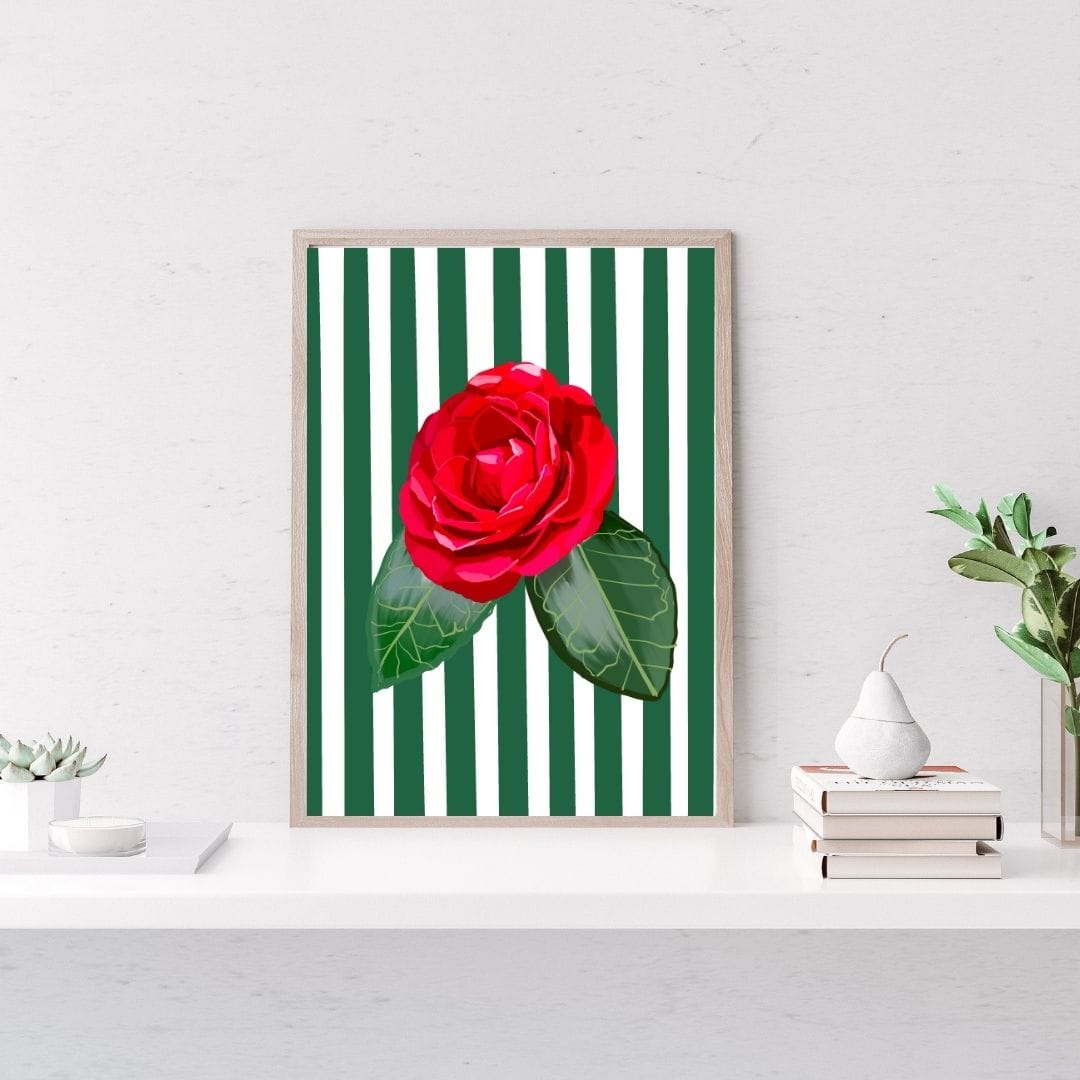 Bailey Made Art Co Alabama Camelia Red- on Green/White Stripe Art