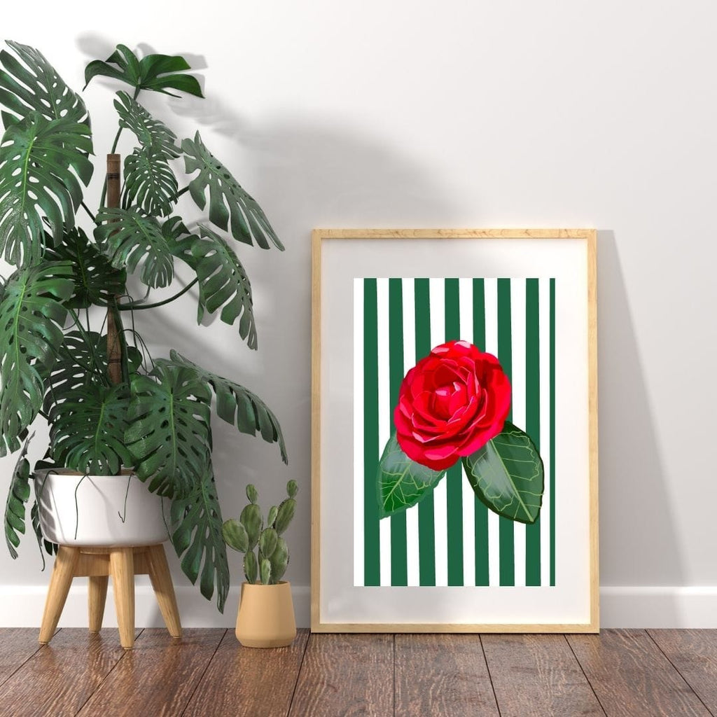 Bailey Made Art Co Alabama Camelia Red- on Green/White Stripe Art