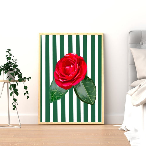 Bailey Made Art Co Alabama Camelia Red- on Green/White Stripe Art