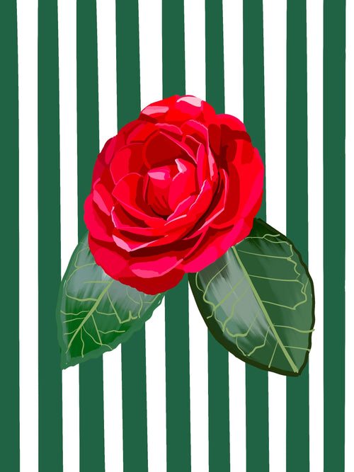 Bailey Made Art Co Alabama Camelia Red- on Green/White Stripe Art