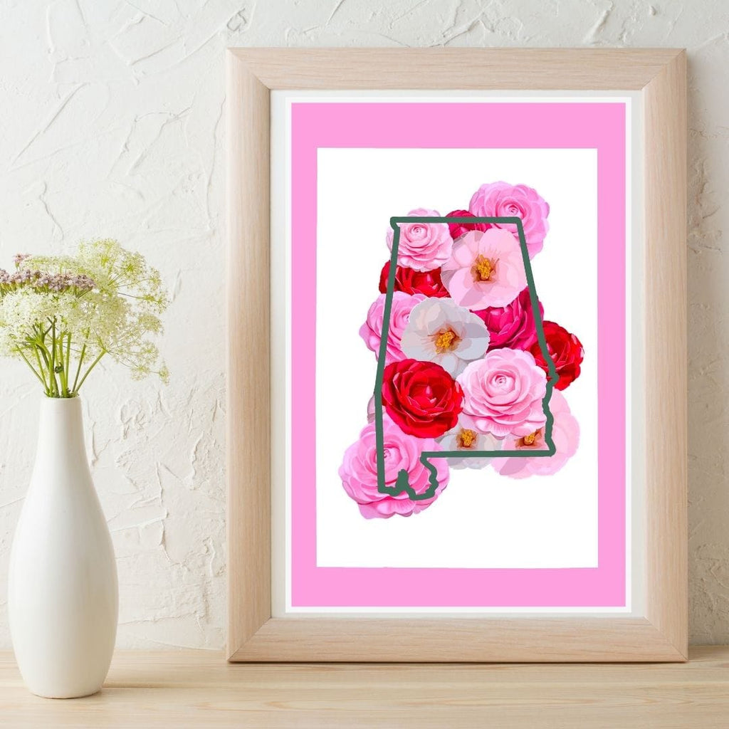 Bailey Made Art Co Alabama Camelias State Flower with Pink Border Art