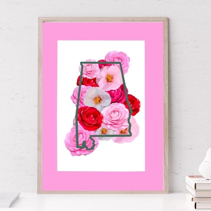 Bailey Made Art Co Alabama Camelias State Flower with Pink Border Art