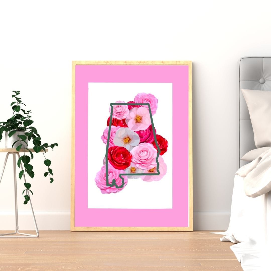 Bailey Made Art Co Alabama Camelias State Flower with Pink Border Art